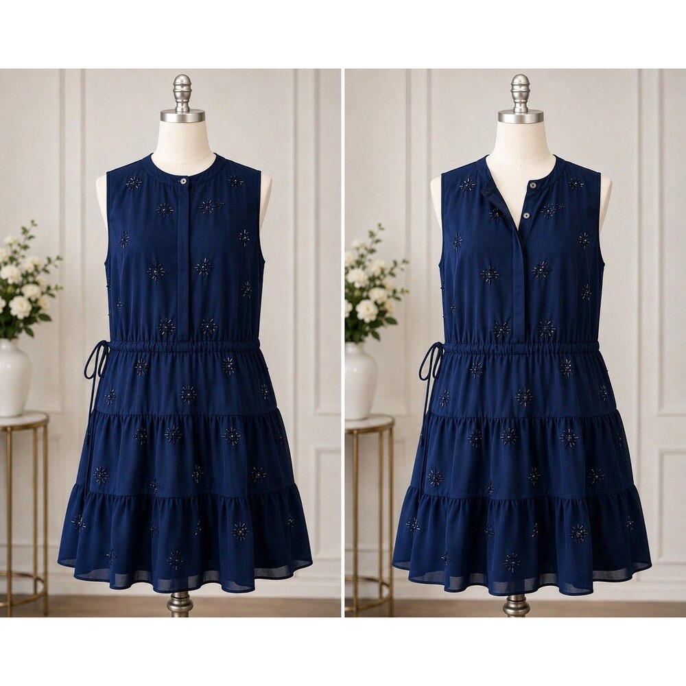 Tommy Hilfiger Beaded Sequin Navy Tiered Dress Side Tie XXL NWT Sleeveless